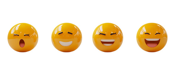 Fototapeta premium Four yellow smiley face emojis displaying different emotions are lined up isolated on a transparent background for marketing.