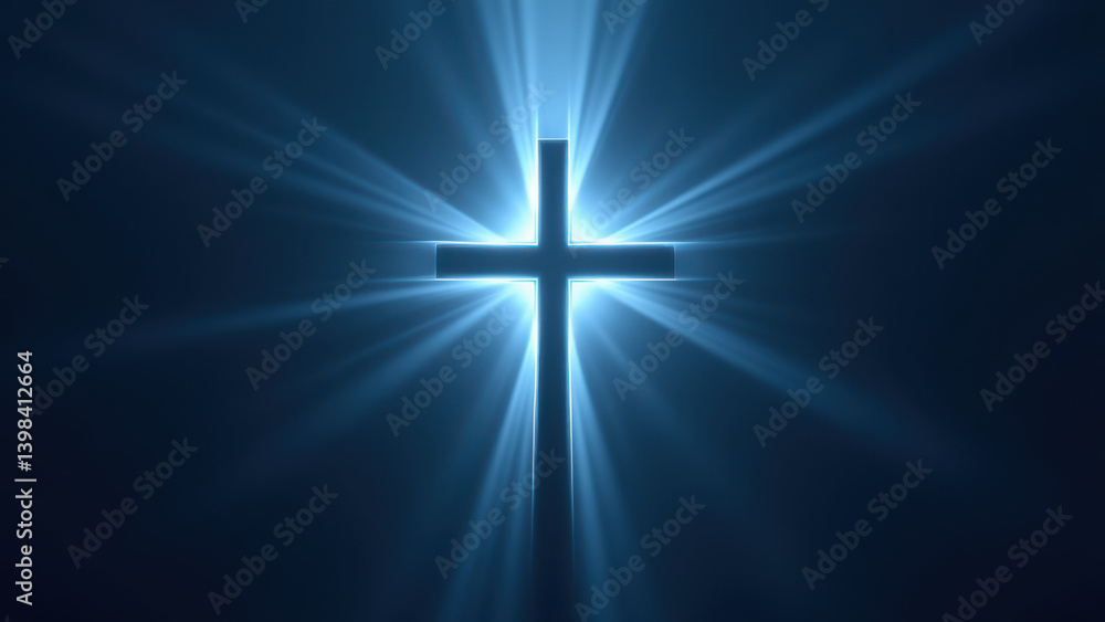 Poster illuminated christian cross with rays of light emanating from its center against a dark background.