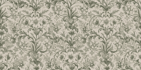 Elegant floral wallpaper in muted green tones with intricate detailing.