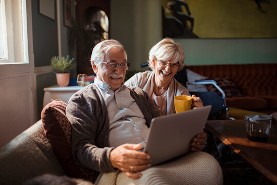 Elderly couple enjoying time together on sofa with laptop and dog