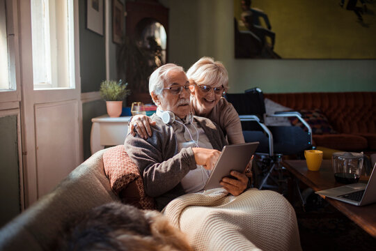 Elderly couple enjoying time together on sofa with tablet and dog
