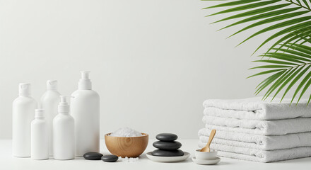 Spa Essentials: White Bottles, Towels, and Natural Elements