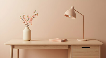 Peach Colored Desk With Flowers And Lamp
