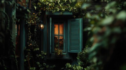 An open window with shutters and ivy shows a warm glow