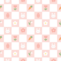 Seamless checkered easter pattern with bunny, egg, carrot,flower vector print. 