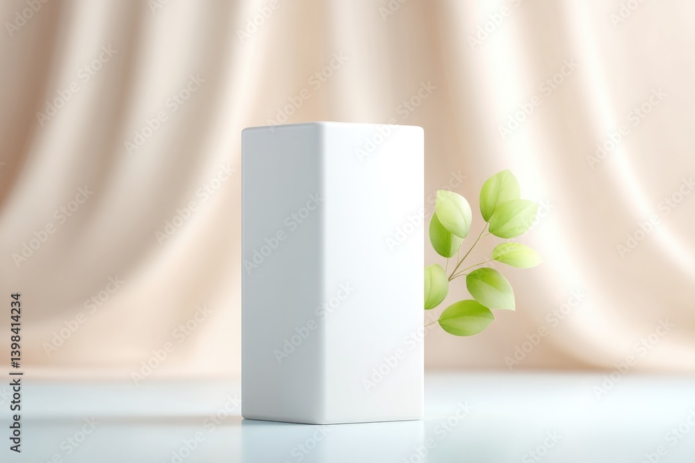 Poster sleek empty podium set against backdrop of simple curtains highlights minimalistic design