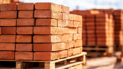 Stacked red clay bricks on wooden pallet, waiting at construction site for masonry work and building development