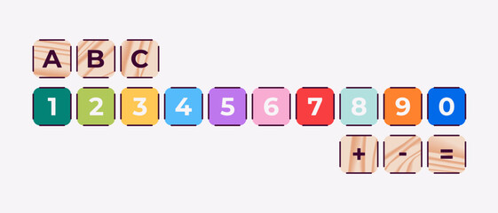 Alphabet and numbers cubes for children isolated. Toy wooden cubes. Building blocks for kids. Children's educational game. Jigsaw puzzle game. Math. Vector illustration. Bright colors. Flat style.