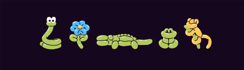 Balloon animals set. Balloon twisting. Inflatable snake, flower, crocodile, frog, monkey. Toys for children, kids birthday party decoration. Clown trick. Vector illustration. Flat style.