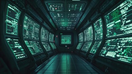 Interior of a futuristic space station command center corridor