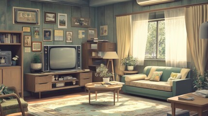 An interior view displays a cozy living room setting in soft light