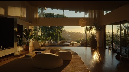Fototapeta premium A modern living room with an open view to nature