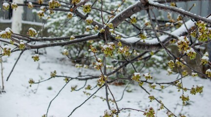 Snow-covered buds on a tree branch. Snowy spring