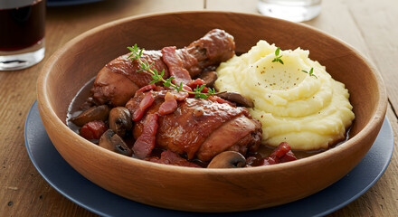 Delicious Coq Au Vin Served With Creamy Mashed Potatoes in Wood Bowl
