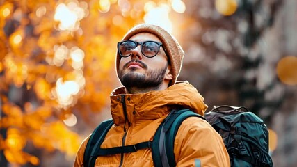 Young man in an orange jacket and beanie gazing upwards amidst autumn foliage in a park - Powered by Adobe