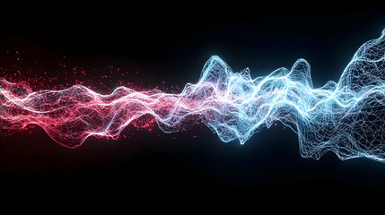 Abstract Digital Waves With Glowing Red And Blue Particles