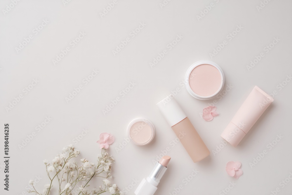 Poster subtle arrangement of everyday cosmetics on plain surface showcasing minimalistic design with ample 