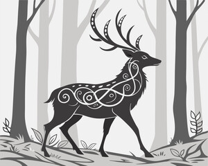 A deer standing in a forest, its body filled with tribal leaves, vines, and swirling mist patterns