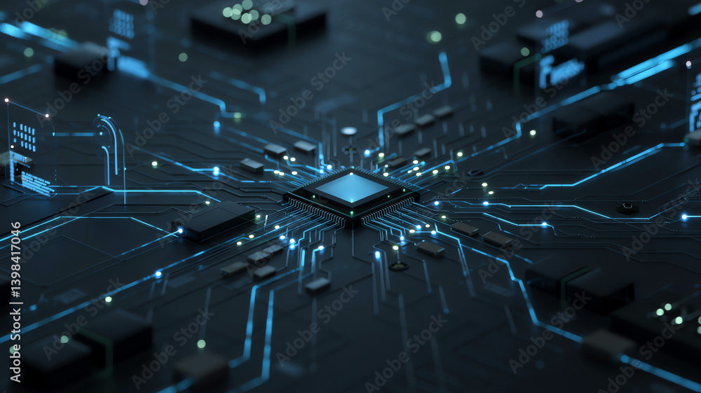 Poster microchip on digital circuit board representing modern technology