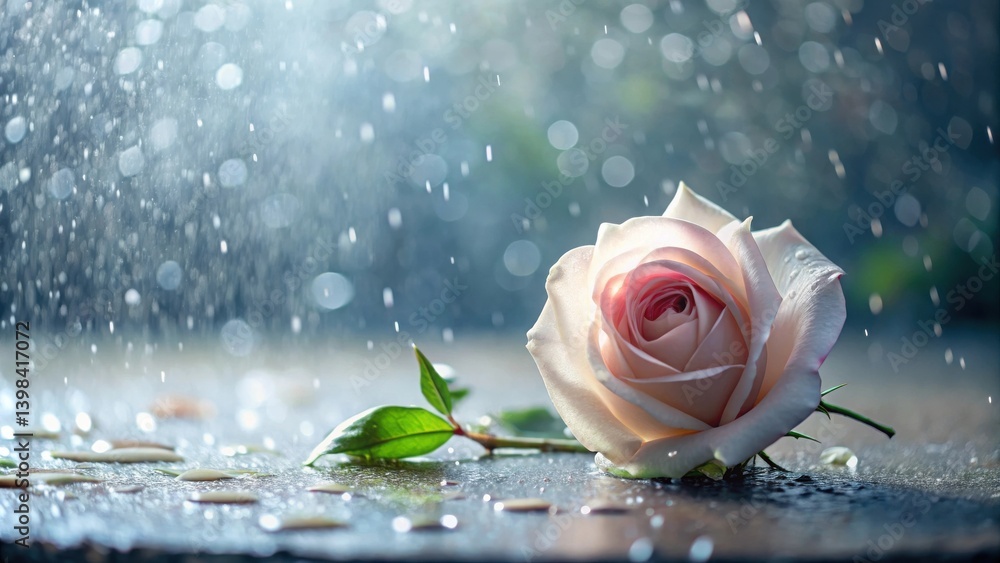 Poster A single pale rose, delicately resting on a wet surface, is illuminated by the soft glow of raindrops falling gently, creating a serene and romantic atmosphere.