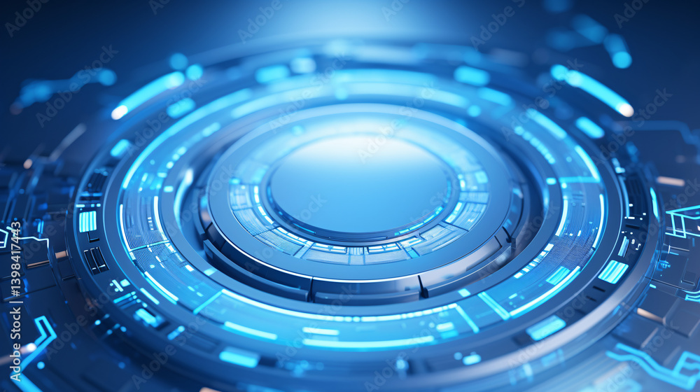 Poster close-up circular tech lens on light blue glowing background with neon swirls, perfect for modern pr