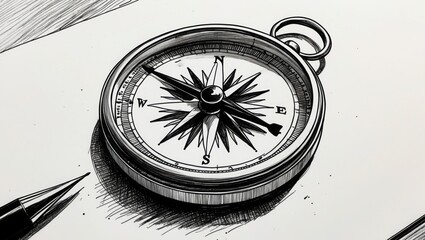 Ink drawing of compass and pen on white paper. Shiny metal compass shows north, east, south and west. Pen is black and silver.