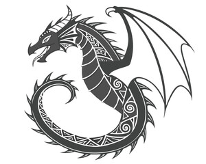 A dragon coiled in a circle, its scales designed with ancient rune and tribal swirl patterns