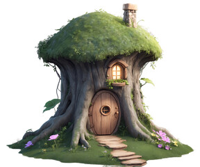 Whimsical Treehouse Dwelling, An Enchanting Illustration of a Tiny Fairy Abode Nestled Within Nature's Embrace, Evoking Nostalgia and Wonder