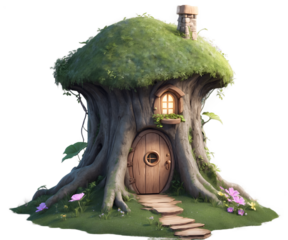 Whimsical Treehouse Dwelling, An Enchanting Illustration of a Tiny Fairy Abode Nestled Within Nature's Embrace, Evoking Nostalgia and Wonder