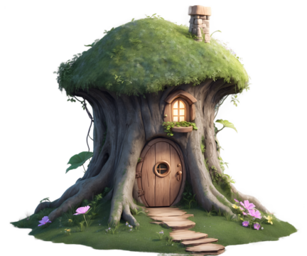 Whimsical Treehouse Dwelling, An Enchanting Illustration of a Tiny Fairy Abode Nestled Within Nature's Embrace, Evoking Nostalgia and Wonder