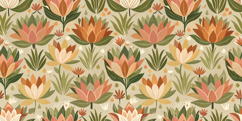 A vibrant floral pattern featuring bold lotus flowers in warm tones.