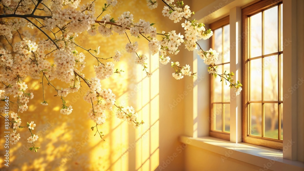 Poster golden sunlight streams through a window, illuminating delicate cherry blossoms and casting warm sha