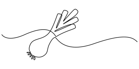 Obraz premium Single one line drawing whole healthy freshness organic leek for plantation logo identity. Fresh ingredient concept for vegetable icon, Leeks, fresh onion stalk vector illustration, background. One.