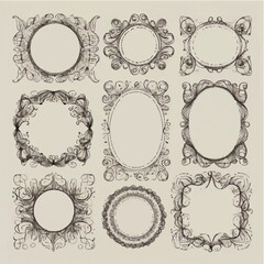 Vector set of vintage frames with ornate floral elements and decorative borders