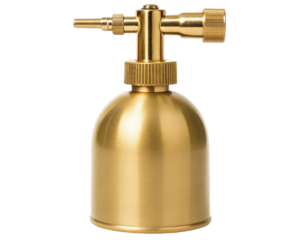 A gold spray nozzle for precise application on a transparent background