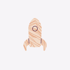 Wooden rocket toy isolated. Rocket ship launch. Vector illustration. Children's spaceship toy. Cartoon flat style design. Simple icon. Business, start up concept. Realistic wood texture.