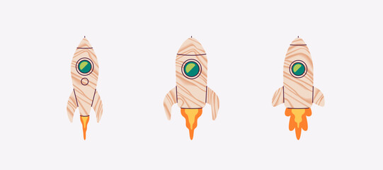Wooden rocket toy isolated. Rocket ship launch. Vector illustration. Children's spaceship toy. Cartoon flat style design. Simple icon. Business, start up concept. Realistic wood texture.