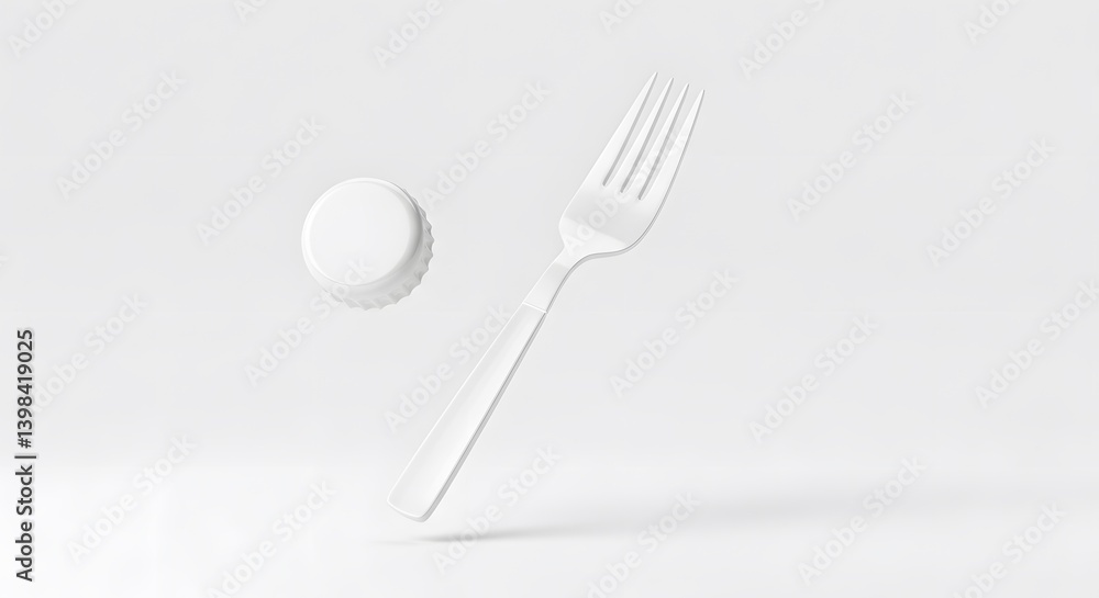 Poster minimalist white fork and bottle cap floating on a clean white background: a study in simplicity and