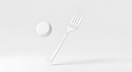 Minimalist White Fork and Bottle Cap Floating on a Clean White Background: A Study in Simplicity and Design