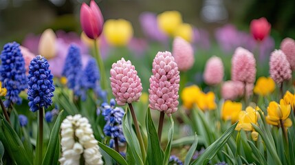 Fototapeta premium Beautiful field of multicolored spring flowers in bright sunlight