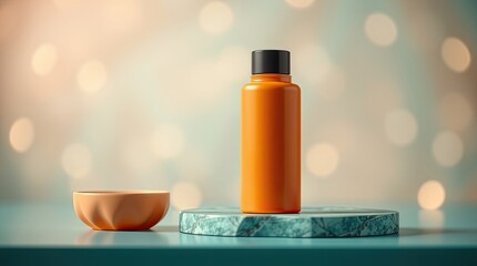 An orange cosmetic bottle on a teal marble pedestal with a small bowl.
