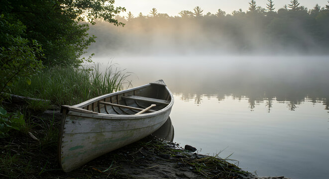 Wooden Canoe On Misty Morning Lake Shore