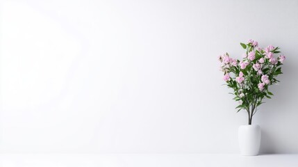 Fototapeta premium A white vase with pink flowers on a minimalist shelf, elegant floral arrangement in a bright and airy room, and modern interior design concept.