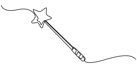 Magic wand linear drawn continuous icon. Magic staff black one line vector icon, continuous line drawing of magic wand with star head.one line drawing of magic wand for carnival event.single line pro.