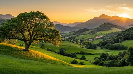 Obraz premium A large tree stands alone in a vibrant and green landscape