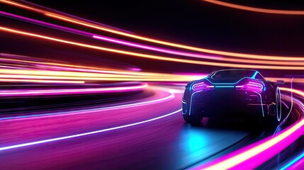 Obraz premium A futuristic car speeds through a neon lit vibrant environment