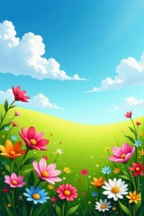 Fototapeta premium Vibrant spring meadow landscape with colorful flowers and blue sky, fresh, spring, vibrant