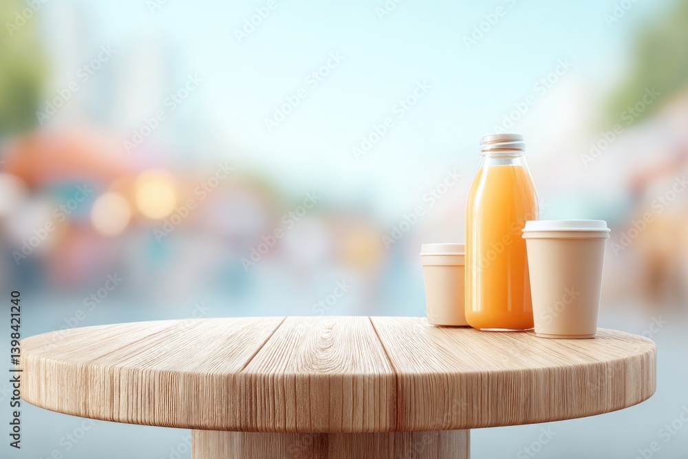 Poster empty podium with drinks in foreground blurred people in background centered with copy space