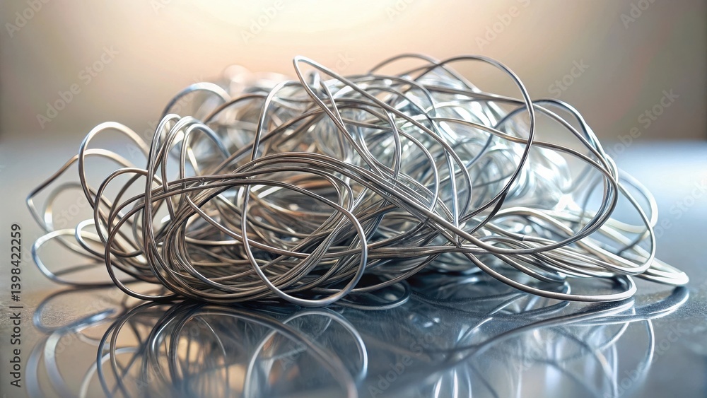 Poster a tangled mass of gleaming metallic wire, reflecting light on a dark surface, a study in texture and