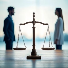 Silhouettes of a man and woman with scales of justice in focus, symbolizing equality balance in law and resolution of family or legal disputes
